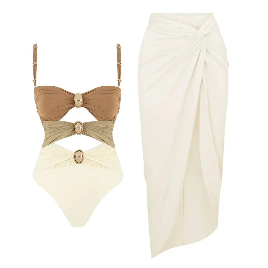 Conjunto de Bañador Bicolor con Detalle Calado y Falda Drapeada Ref. 0570 - Marea Bella Swimwear