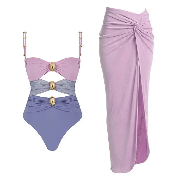 Conjunto de Bañador Bicolor con Detalle Calado y Falda Drapeada Ref. 0570 - Marea Bella Swimwear