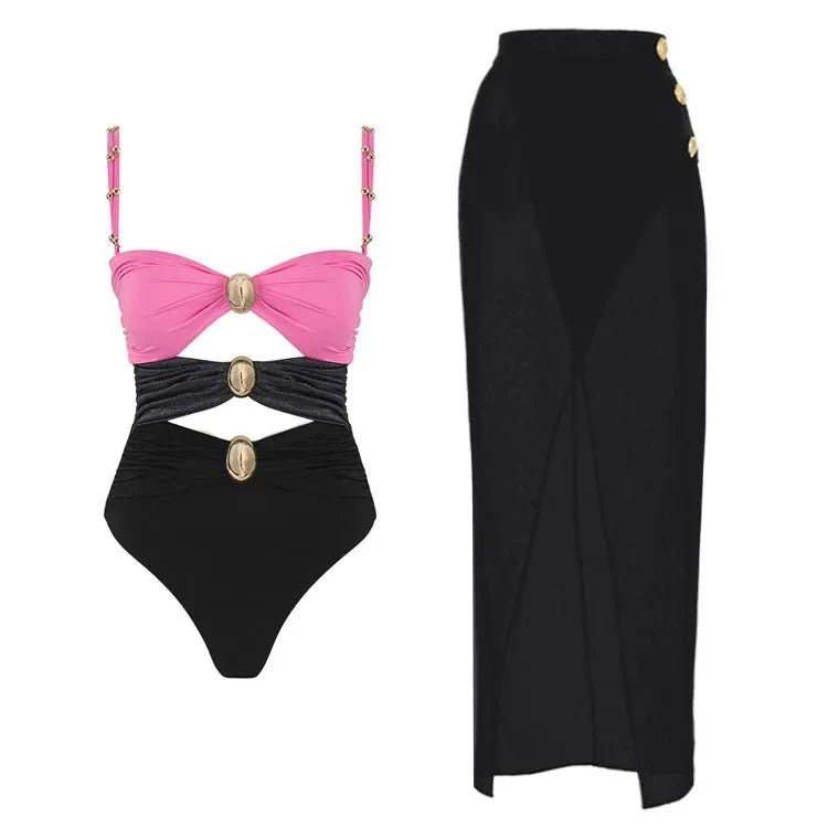Conjunto de Bañador Bicolor con Detalle Calado y Falda Drapeada Ref. 0570 - Marea Bella Swimwear