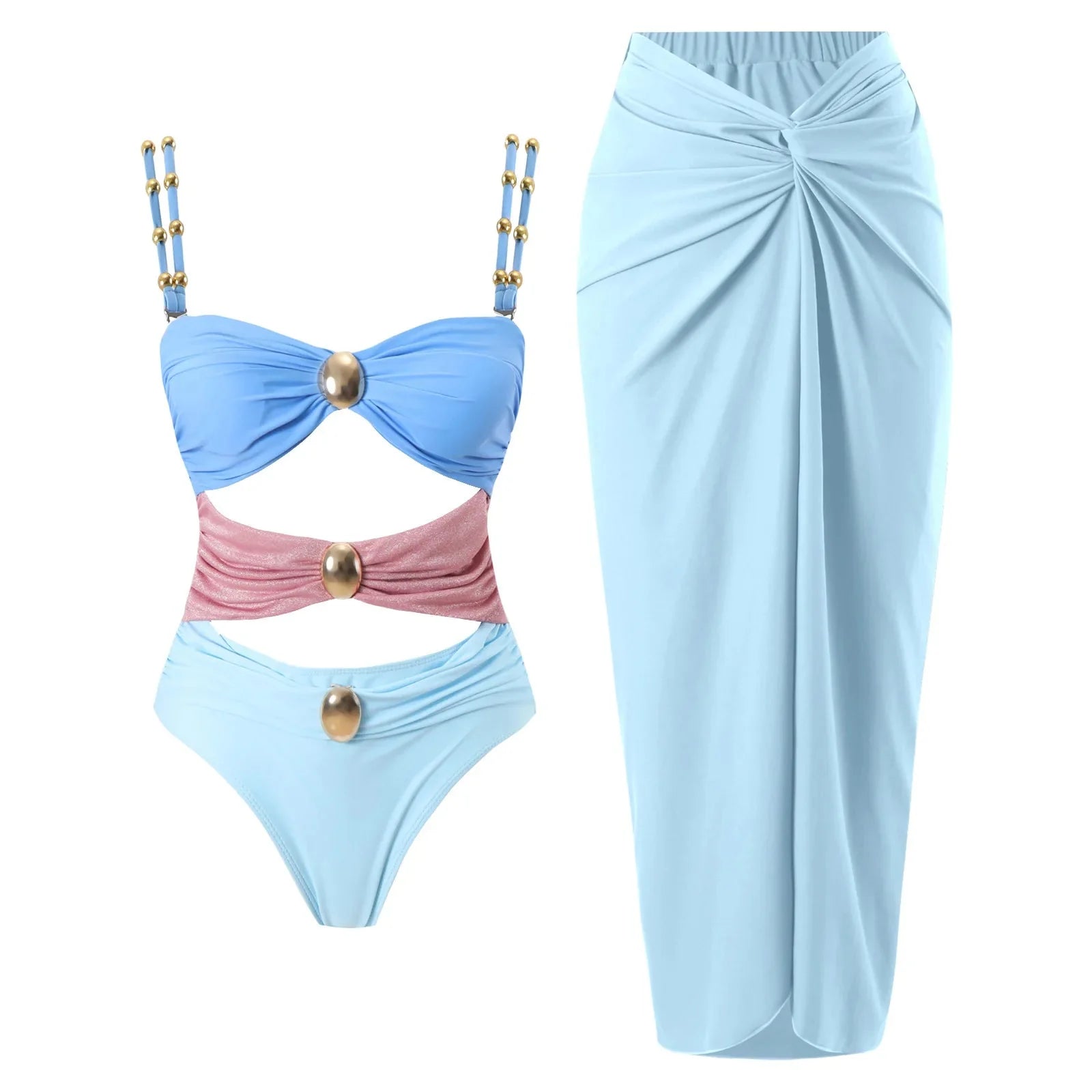 Conjunto de Bañador Bicolor con Detalle Calado y Falda Drapeada Ref. 0570 - Marea Bella Swimwear