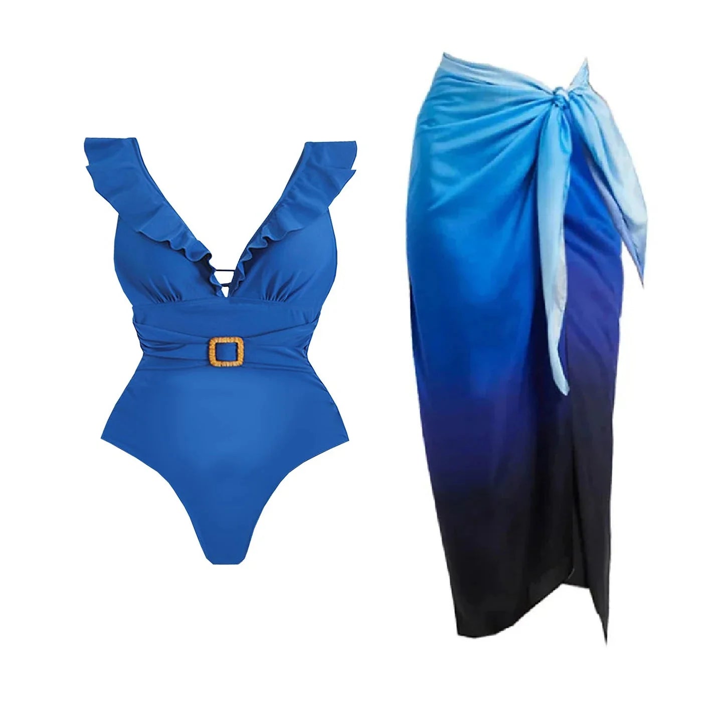 Conjunto de Bañador Escote V con Cinturón y Falda Pareo Drapeado Ref. 0593 - Marea Bella Swimwear