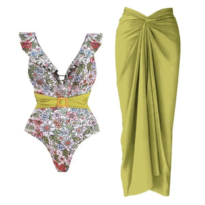 Conjunto de Bañador Escote V con Cinturón y Falda Pareo Drapeado Ref. 0593 - Marea Bella Swimwear