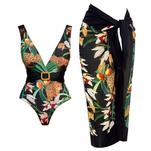 Conjunto de Bañador Escote V con Cinturón y Falda Pareo Drapeado Ref. 0593 - Marea Bella Swimwear