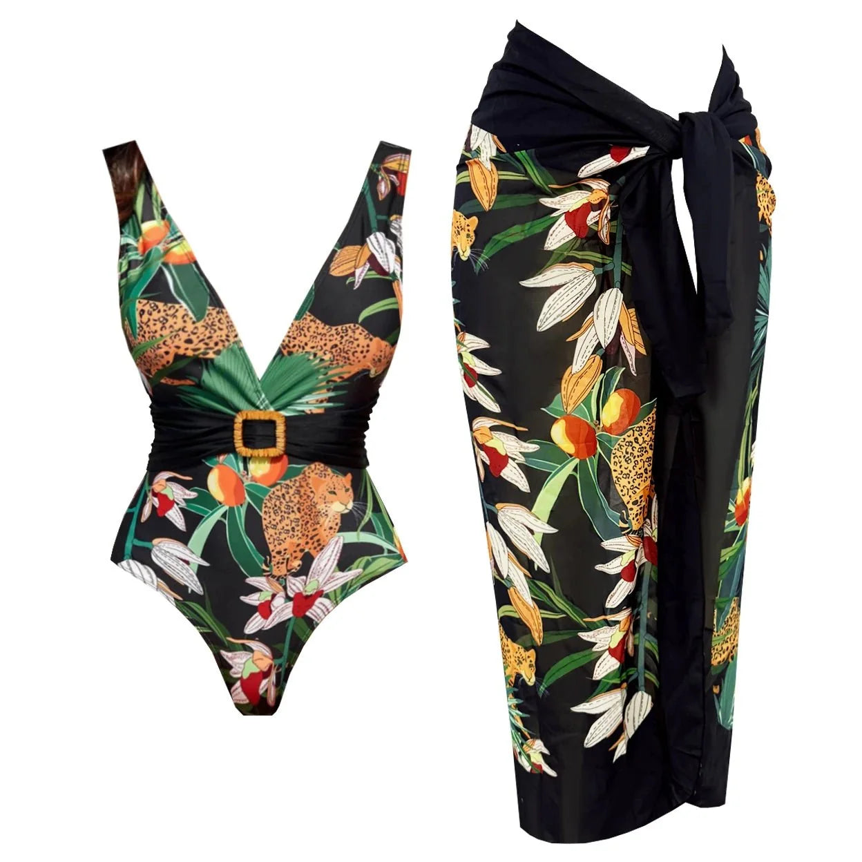 Conjunto de Bañador Escote V con Cinturón y Falda Pareo Drapeado Ref. 0593 - Marea Bella Swimwear