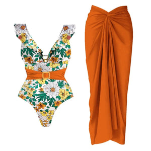 Conjunto de Bañador Escote V con Cinturón y Falda Pareo Drapeado Ref. 0593 - Marea Bella Swimwear