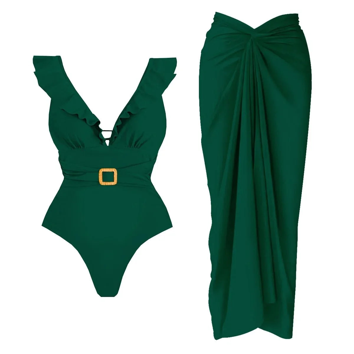 Conjunto de Bañador Escote V con Cinturón y Falda Pareo Drapeado Ref. 0593 - Marea Bella Swimwear