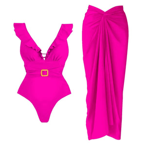 Conjunto de Bañador Escote V con Cinturón y Falda Pareo Drapeado Ref. 0593 - Marea Bella Swimwear