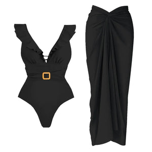 Conjunto de Bañador Escote V con Cinturón y Falda Pareo Drapeado Ref. 0593 - Marea Bella Swimwear