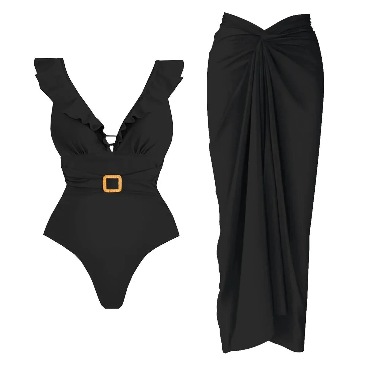 Conjunto de Bañador Escote V con Cinturón y Falda Pareo Drapeado Ref. 0593 - Marea Bella Swimwear