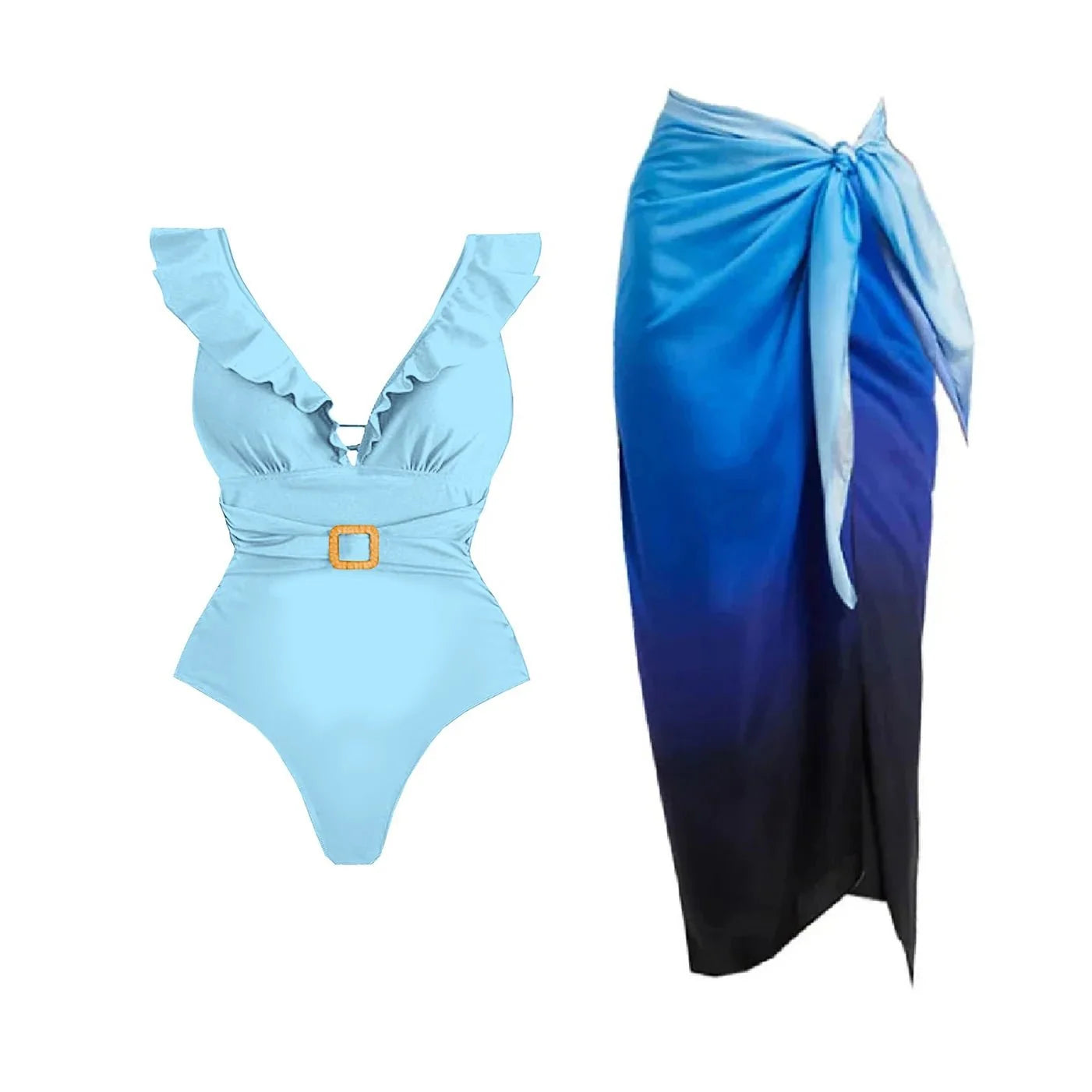 Conjunto de Bañador Escote V con Cinturón y Falda Pareo Drapeado Ref. 0593 - Marea Bella Swimwear