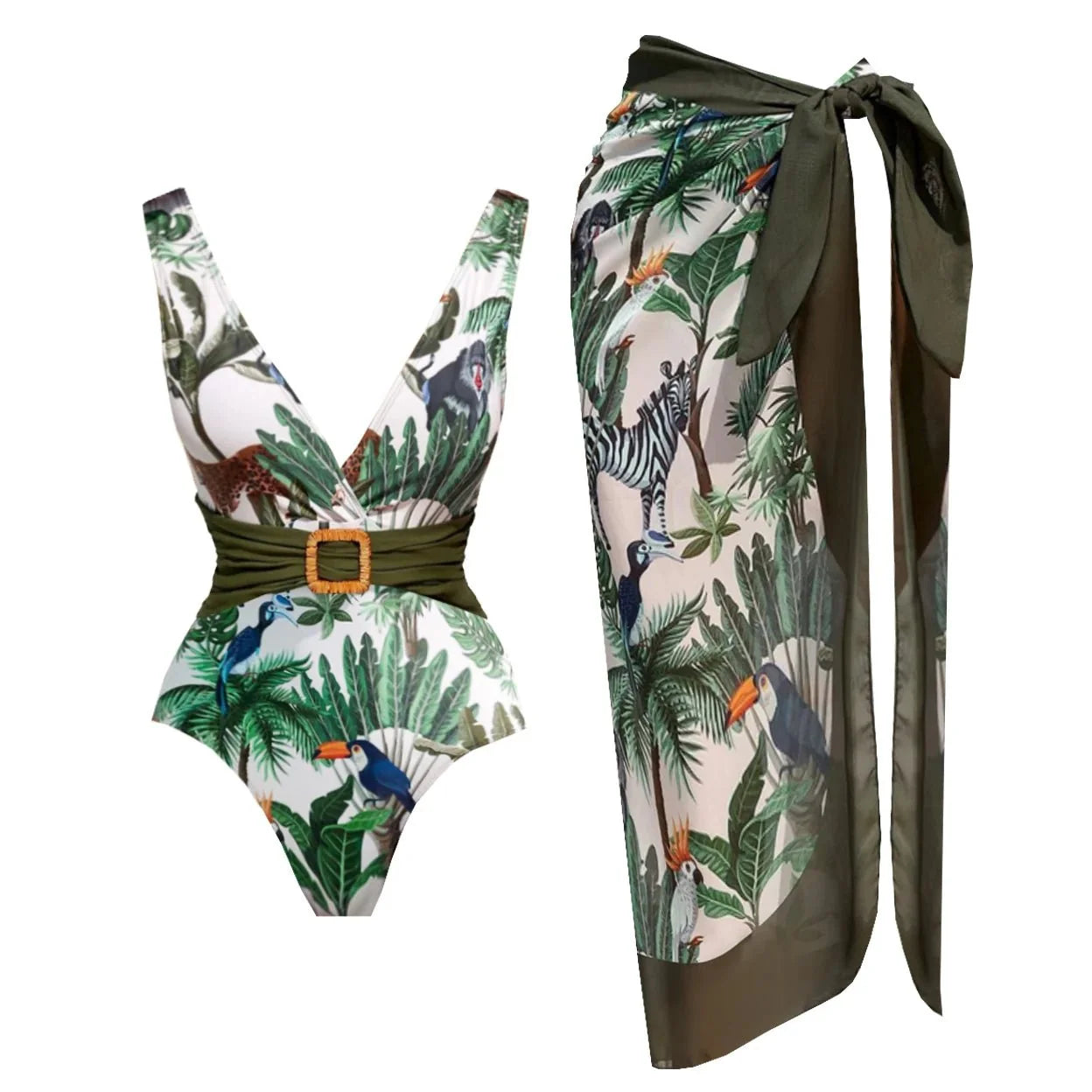 Conjunto de Bañador Escote V con Cinturón y Falda Pareo Drapeado Ref. 0593 - Marea Bella Swimwear