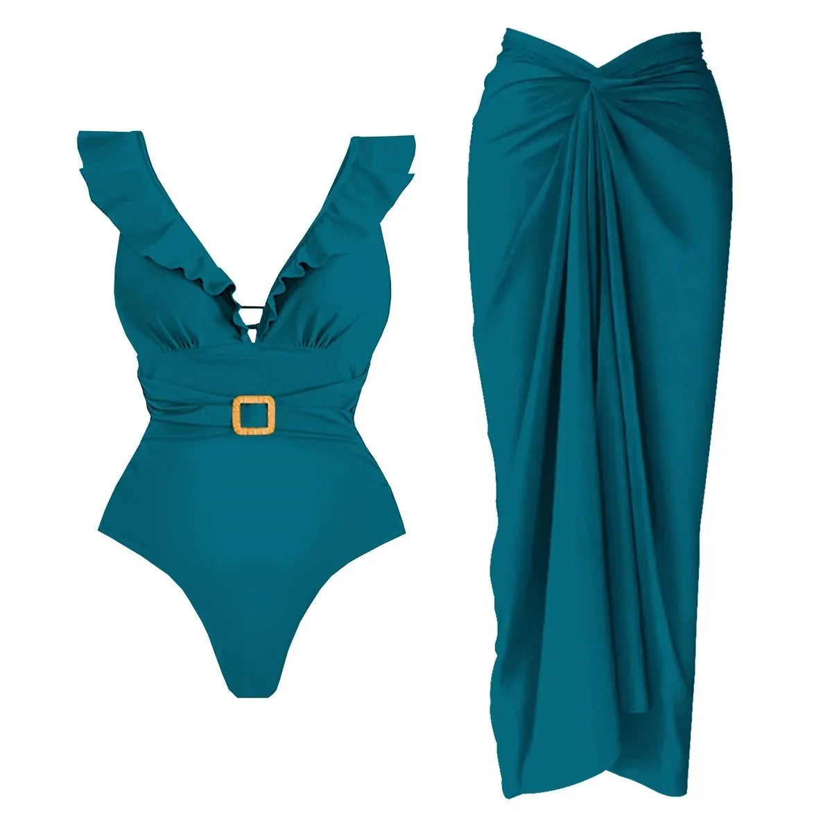 Conjunto de Bañador Escote V con Cinturón y Falda Pareo Drapeado Ref. 0593 - Marea Bella Swimwear