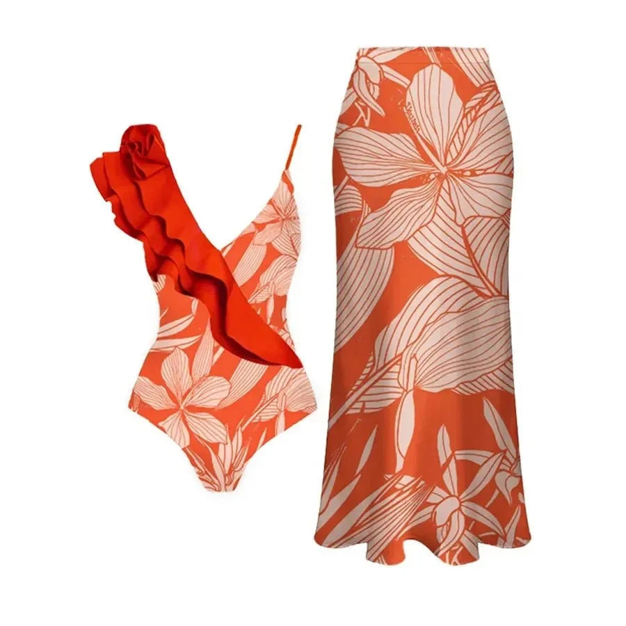 Conjunto Floral de Bañador con Volante y Pareo Escultural Ref. 0583 - Marea Bella Swimwear