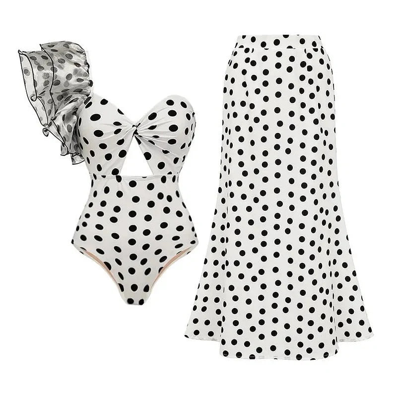 Conjunto de Lunares: Bañador de Un Hombro y Pareo Ref. 0578 - Marea Bella Swimwear