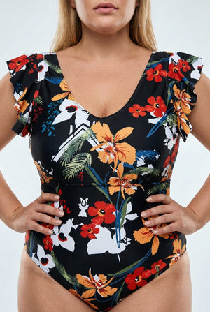 Bañador Plus Size Estampado con Manga Corta y Volantes Ref. 0666 - Marea Bella Swimwear