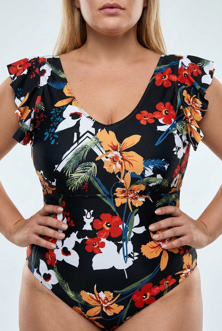 Bañador Plus Size Estampado con Manga Corta y Volantes Ref. 0666 - Marea Bella Swimwear