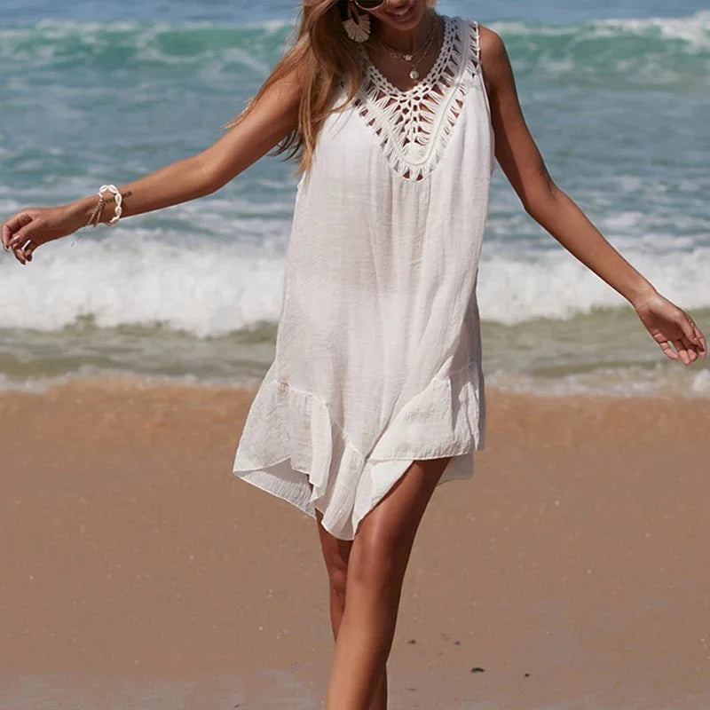 Salida de Playa con Detalle Calado y Apliques Coloridos Ref. 0248 - Marea Bella Swimwear