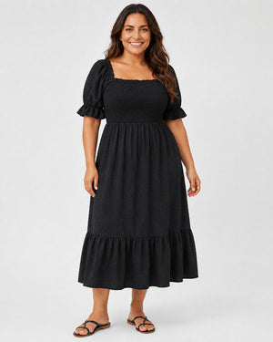 Vestido Plus Size Midi con Parte Superior Texturizada y Volante Asimétrico Ref. 0378 - Marea Bella Swimwear